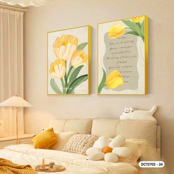 Tranh Treo Tường Bộ 2 Tấm Hoa Tulip Vàng Rực Rỡ Nghệ Thuật 2