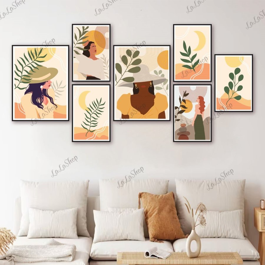 Set 7 Tranh Dán Tường Cô Gái Và Lá Xanh Nghệ Thuật Có Keo Sẵn Mẫu 2