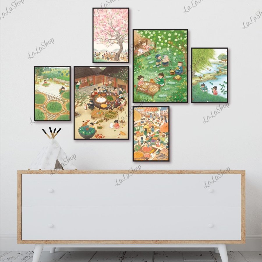 Set 6 Tranh Dán Tường Ngày Xuân Sum Họp Size vừa: gồm 2 tranh 20x30cm và 4 tranh 15x20cm (S)
