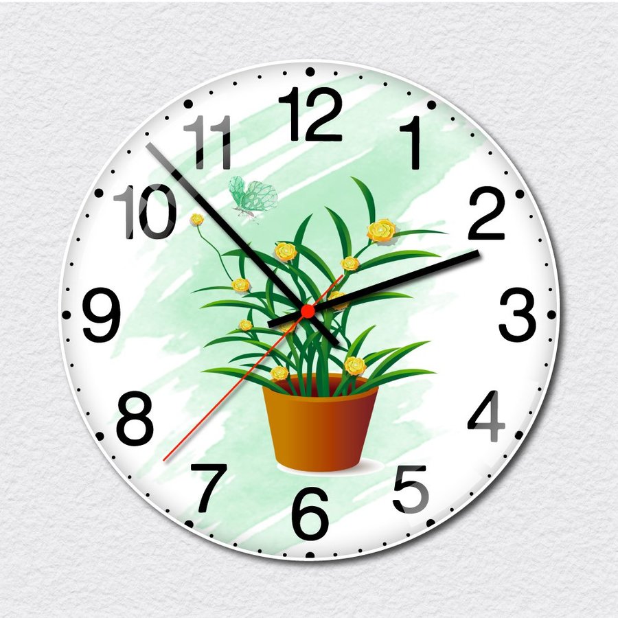 Đồng hồ vintage treo tường chậu lá xanh hoa vàng nghệ thuật