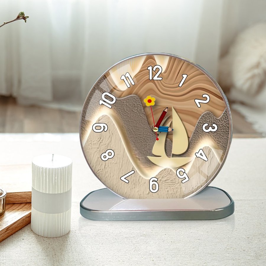 Tranh Đồng Hồ Để Bàn Thuyền Và Núi Nghệ Thuật