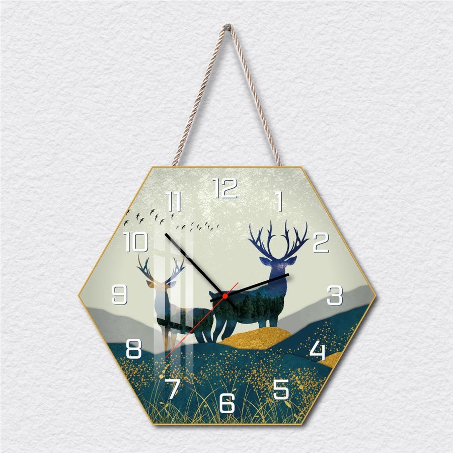 Tranh Đồng Hồ Dây Treo Tráng Gương Đôi Hươu Tài Lộc