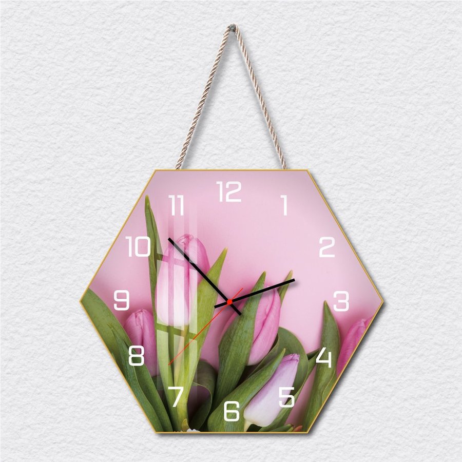 Tranh Đồng Hồ Dây Treo Tráng Gương Hoa Tulip Hồng