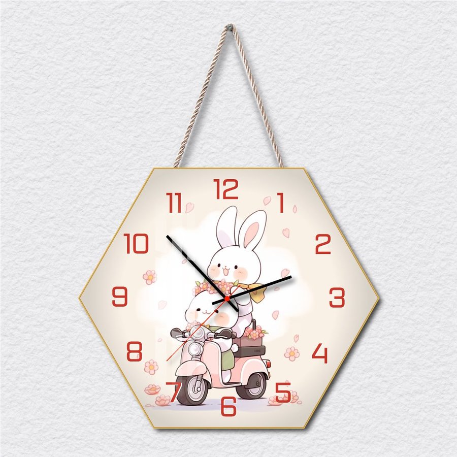 Tranh Đồng Hồ Dây Treo Tráng Gương Hai Bạn Thỏ Xinh Xắn