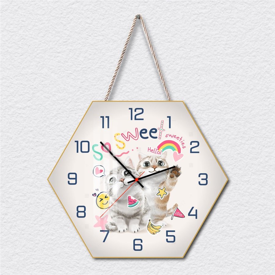 Tranh Đồng Hồ Dây Treo Tráng Gương Hai Chú Mèo Đáng Yêu
