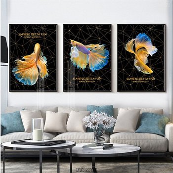 Tranh 3 Tấm Treo Tường Cá Betta Siamese Nghệ Thuật