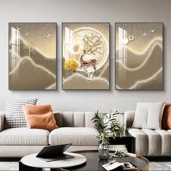 Tranh 3 Tấm Treo Tường Hươu Hoa Tài Lộc Dưới Ánh Trăng 2