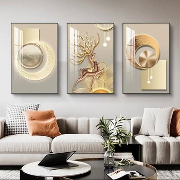 Tranh 3 Tấm Treo Tường Hươu Vàng Tài Lộc Nghệ Thuật