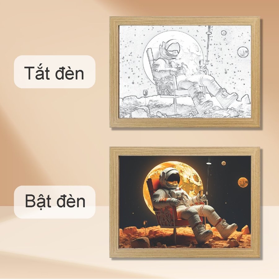 Tranh Đèn Led 3D Đổi Màu 3 Chế Độ Phi Hành Gia Ngồi Trên Mặt Trăng