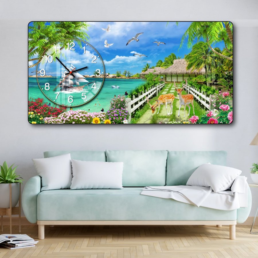 Tranh Đồng Hồ Nổi 3D Thuận Buồm Xuôi Gió Và Đôi Hươu Vàng