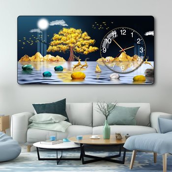 Tranh Đồng Hồ Nổi 3D Cây Vàng Phú Quý và Hươu Dưới Ánh Trăng