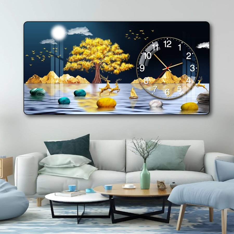 Tranh Đồng Hồ Nổi 3D Cây Vàng Phú Quý và Hươu Dưới Ánh Trăng