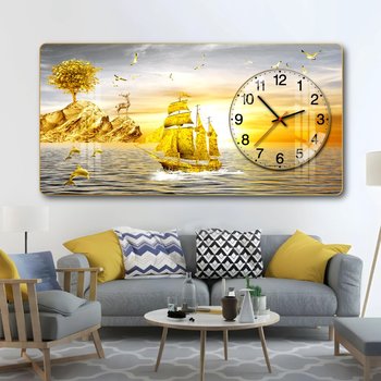 Tranh Đồng Hồ Nổi 3D Thuyền Vàng Và Hoàng Hôn Trên Biển