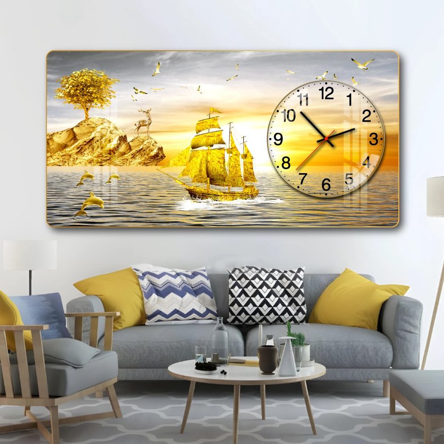Tranh Đồng Hồ Nổi 3D Thuyền Vàng Và Hoàng Hôn Trên Biển