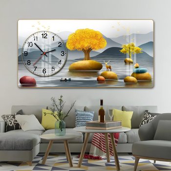 Tranh Đồng Hồ Nổi 3D Cây Kim Tiền Và Hươu Vàng Phú Quý