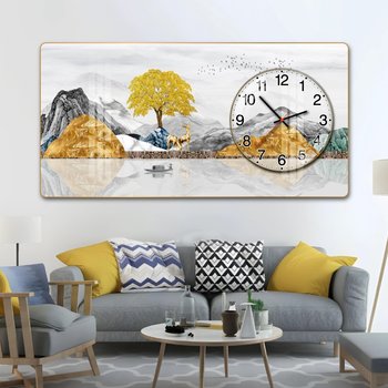 Tranh Đồng Hồ Nổi 3D Núi Sông Trùng Điệp và Hươu Vàng Dưới Trăng