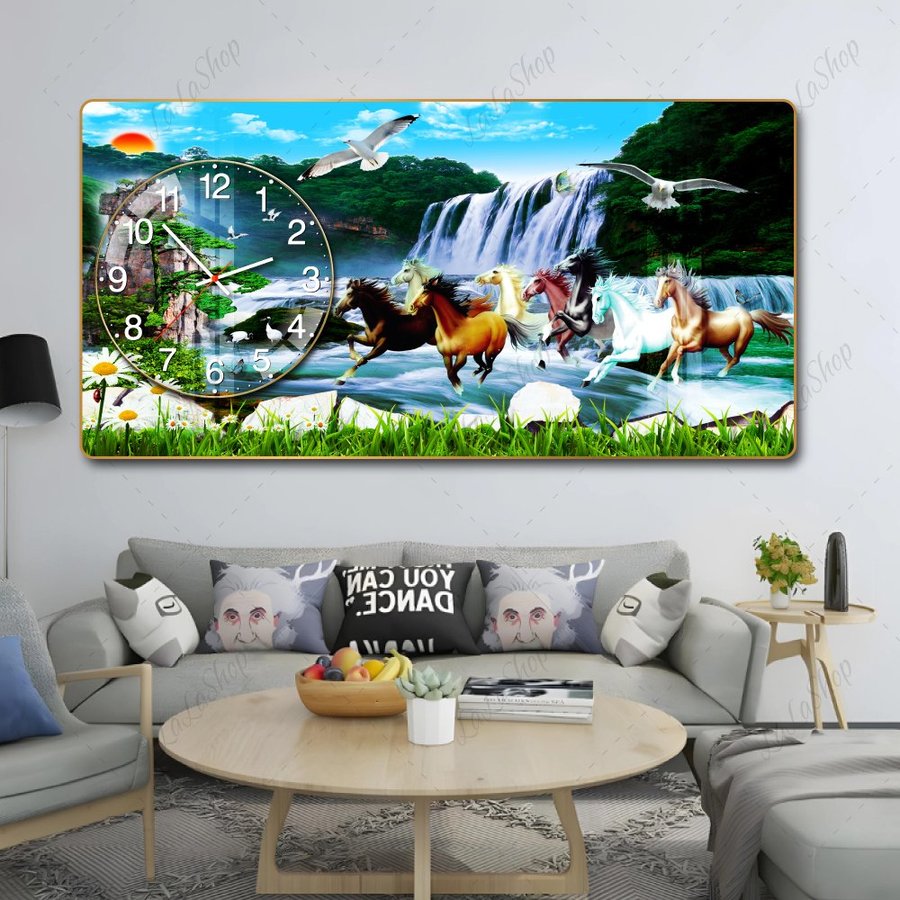 Tranh Đồng Hồ Nổi 3D Mã Đáo Thành Công Bên Thác Nước Hùng Vĩ