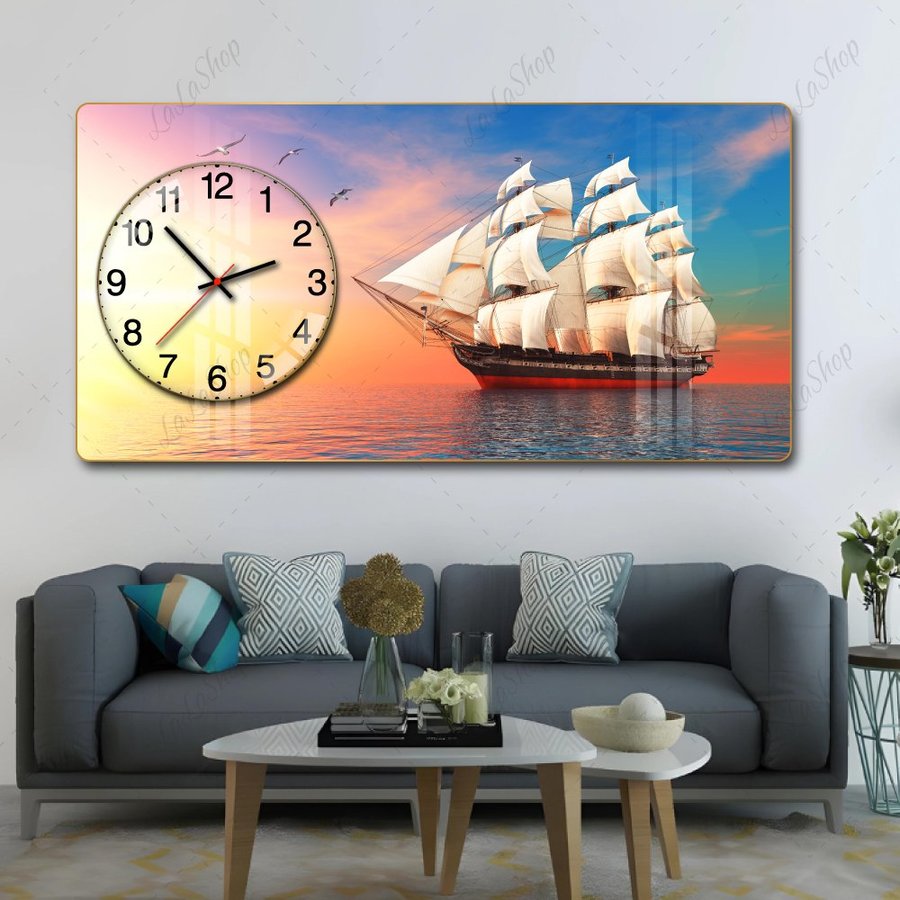 Tranh Đồng Hồ Nổi 3D Thuận Buồm Xuôi Gió Và Hoàng Hôn Trên Biển