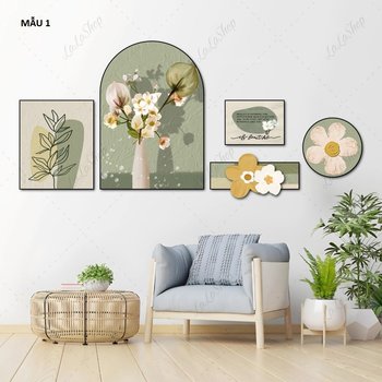 Set 5 Tranh Dán Tường Bình Hoa Và Lá Nghệ Thuật Có Keo Sẵn