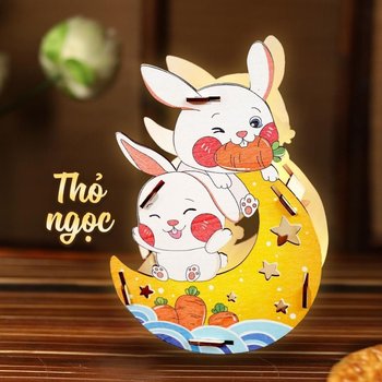 Lồng Đèn Trung Thu Bằng Gỗ Thỏ Ngọc Vui Đùa Bên Ánh Trăng Vàng