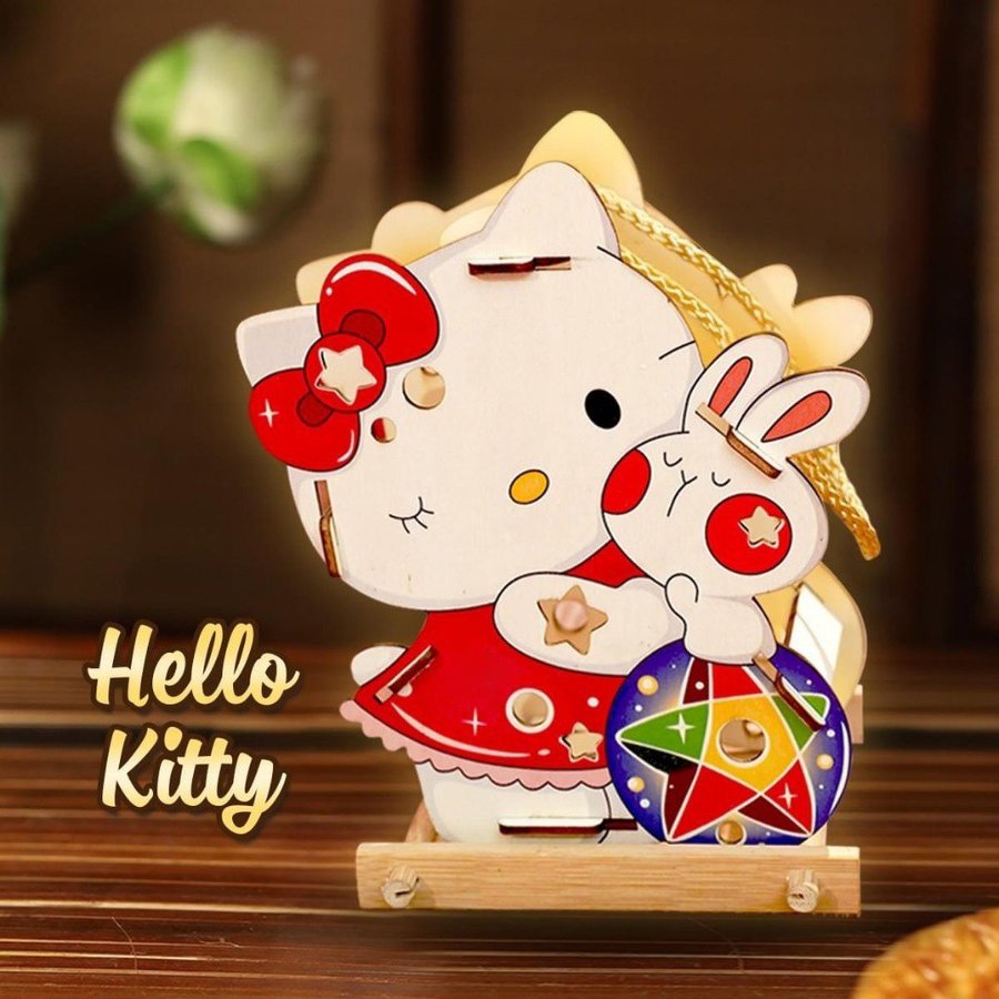 Lồng Đèn Trung Thu Bằng Gỗ Mèo Kitty Và Thỏ Ngọc Rước Đèn Đón Trăng
