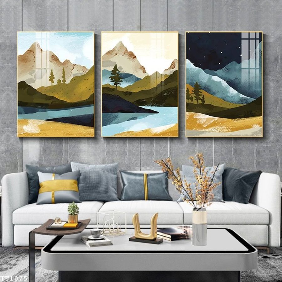 Tranh Bộ 3 Tấm Treo Tường Thiên Nhiên Núi Non Trùng Điệp