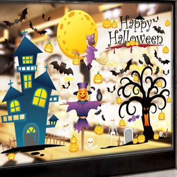 Decal 2 Mặt Trang Trí Halloween Dán Kính Người Rơm Và Ngôi Nhà Ma Quái