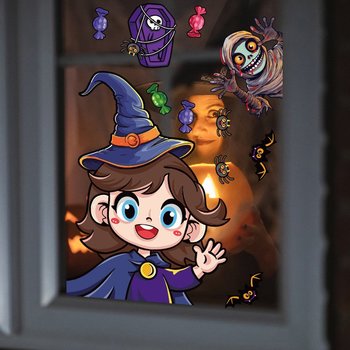 Decal 2 Mặt Trang Trí Halloween Dán Kính Cô Bé Phù Thủy Xinh Xắn