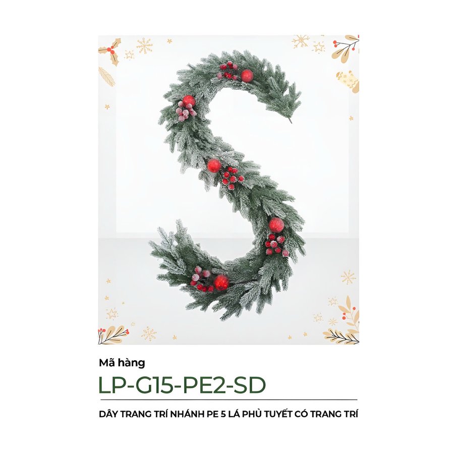 Dây Trang Trí Noel Nhánh PE 5 Lá Phủ Tuyết Có Trang Trí 2m1