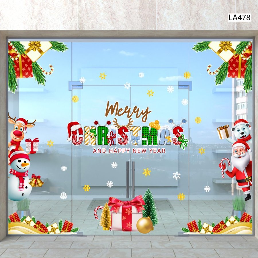Combo Decal Trang Trí Noel Merry Christmas Gấu Trắng Và Những Người Bạn Phát Quà