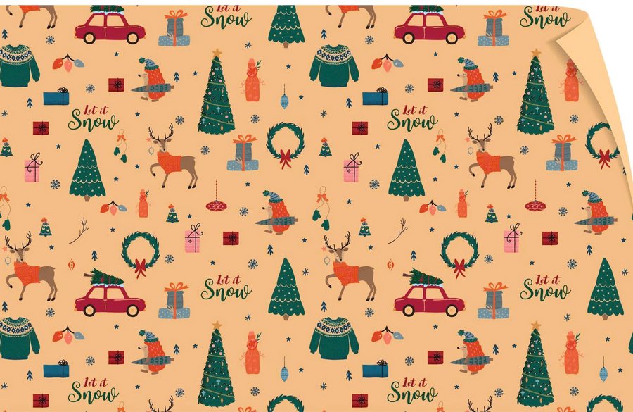 Set 5 Giấy Gói Quà Nền Vàng Nhiều Hoạ Tiết Cây Thông Xanh Và Vòng Nguyệt Quế