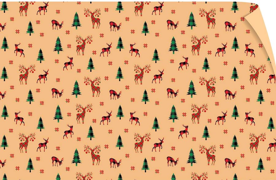 Set 5 Giấy Gói Quà Nền Vàng Hoạ Tiết Tuần Lộc Sừng Hoa Và Cây Thông Xanh