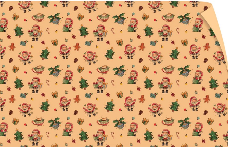 Set 5 Giấy Gói Quà Nền Vàng Kem Hoạ Tiết Ông Già Noel Vui Vẻ Và Cây Thông Xanh