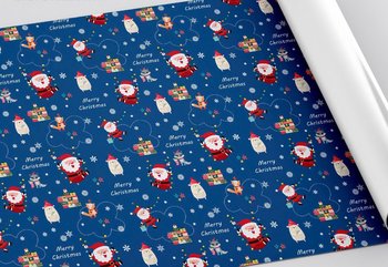 Set 5 Giấy Gói Quà Nền Xanh Dương Hoạ Tiết Ông Già Noel Vui Vẻ Và Những Người Bạn