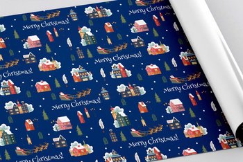 Set 5 Giấy Gói Quà Nền Xanh Dương Ông Già Noel Cưỡi Tuần Lộc Và Ngôi Nhà Tuyết