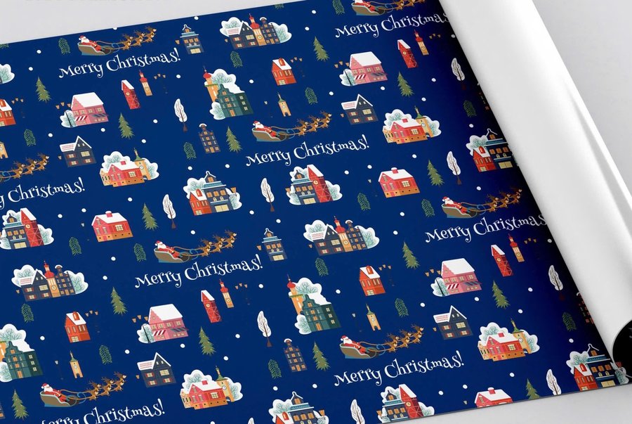 Set 5 Giấy Gói Quà Nền Xanh Dương Ông Già Noel Cưỡi Tuần Lộc Và Ngôi Nhà Tuyết