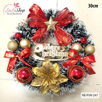 Vòng nguyệt quế trang trí noel dây thông phủ tuyết và hoa trạng nguyên vàng 30cm có đèn led