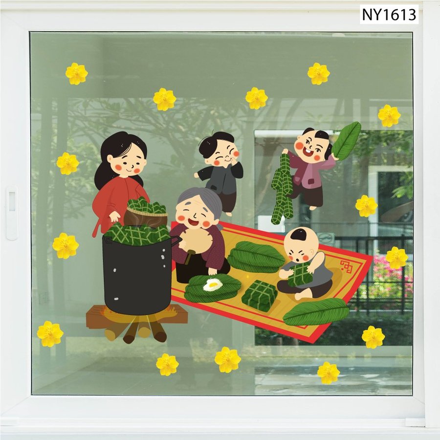 Decal Trang Trí Tết gia đình sum vầy gói bánh ngày Tết