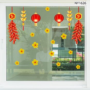 Decal Trang Trí Tết pháo đỏ và lồng đèn đỏ