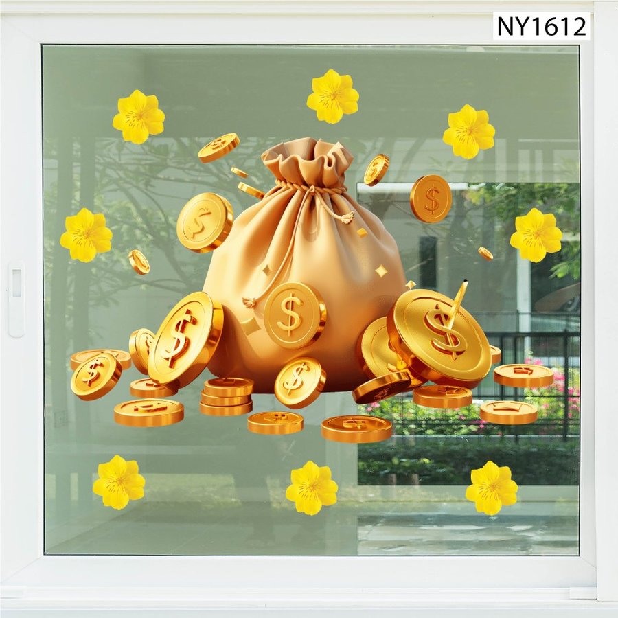 Decal Trang Trí Tết túi tiền sắc vàng