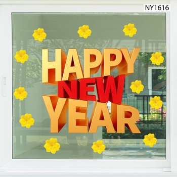 Decal Trang Trí Tết Happy New Year Vàng Đỏ