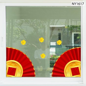 Decal Trang Trí Tết cánh quạt đỏ và đồng tiền vàng góc chân tường