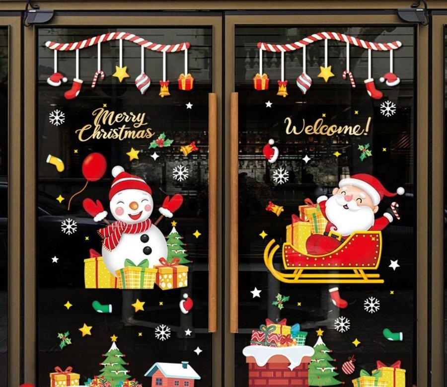 Decal tĩnh điện 2 mặt trang trí noel ông già Noel đi trao quà giáng sinh