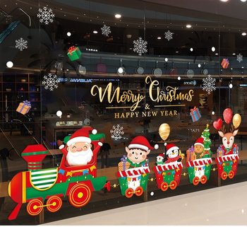 Decal tĩnh điện 2 mặt trang trí noel ông già Noel đi tàu lửa cùng các bạn nhỏ