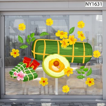 Decal Trang Trí Tết bánh tét và lì xì đỏ