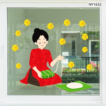 Decal Trang Trí Tết mẹ gói bánh chưng mừng xuân mới