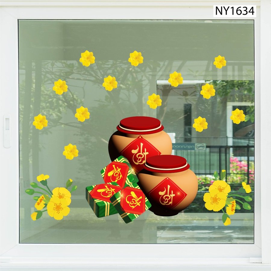 Decal Trang Trí Tết bánh chưng và hũ gạo