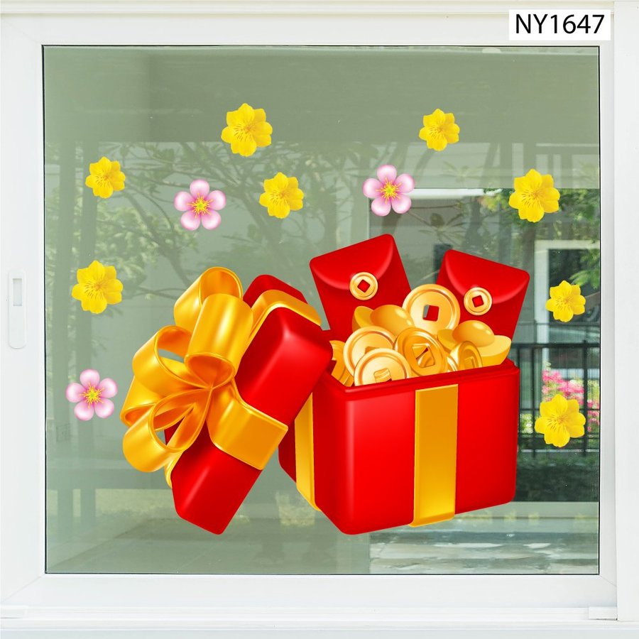 Decal Trang Trí Tết hộp quà và tiền vàng