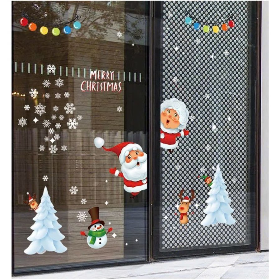 Decal tĩnh điện 2 mặt trang trí noel ông già noel và cây thông trắng