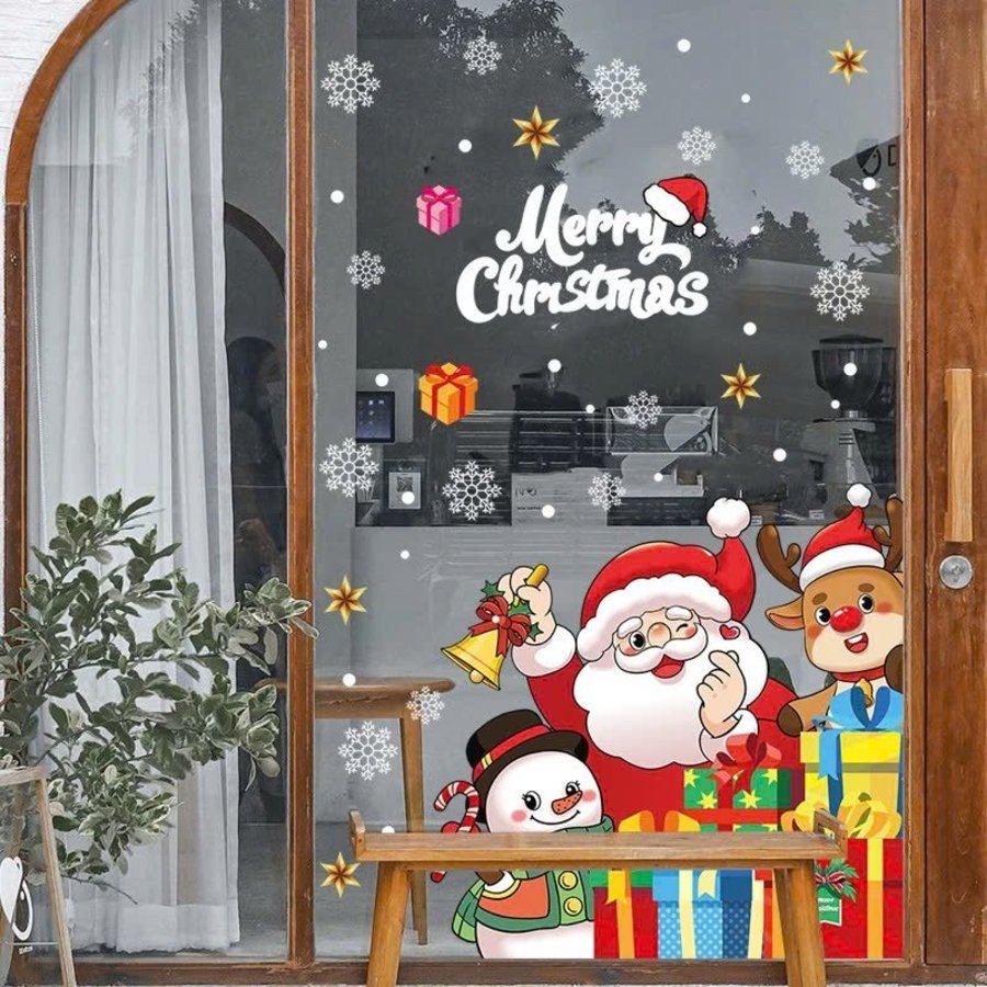 Decal tĩnh điện 2 mặt trang trí noel ông già noel cùng các bạn đi phát quà